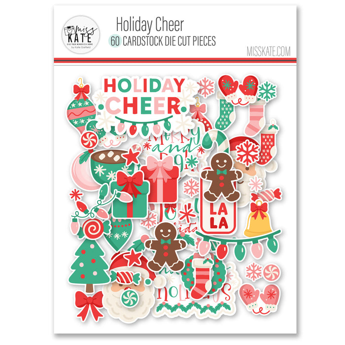 Holiday Cheer Die Cuts, packaging image, showing pre-cut scrapbook embellishments for layouts, handmade cards, journals, mini albums, memory pages, and layered paper crafts. Buyer theme: Christmas Die Cuts & Holiday Scrapbook Embellishments. Holiday Cheer Die Cuts with Christmas titles, Santa faces, gingerbread cookies, candy canes, stockings, ornaments, presents, wreaths, cocoa mugs, snowflakes, bows and sweets. Designed for Mini albums, Junk journals, Holiday paper crafts