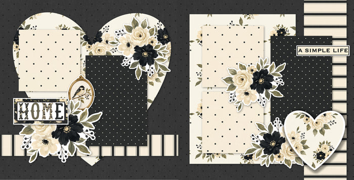 Two-page Home scrapbook layout featuring black dotted paper, cream polka dots, black polka dots, cream striped paper, black pinstripes, cream floral paper, black flower clusters, cream rose clusters. Designed for Home Memories, Home Scrapbook Page Kit, olive green leaves, large heart shape, floral heart, home title die cut, a simple life title, oval bird frame, black and cream bird, floral corner clusters, layered photo mats, neutral floral palette.