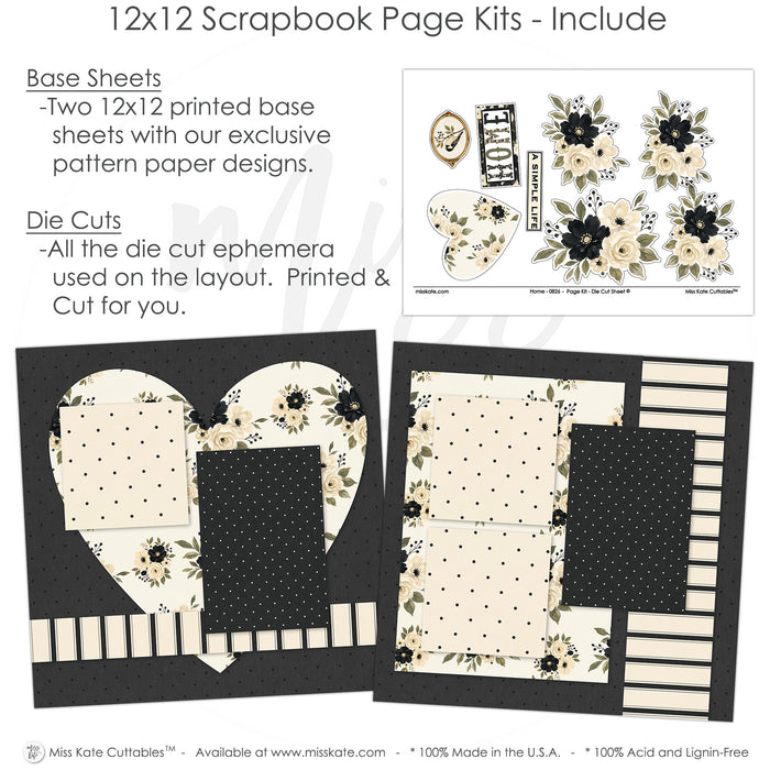 Detailed Home scrapbook design featuring cream striped paper, black pinstripes, cream floral paper, black flower clusters, cream rose clusters, olive green leaves, large heart shape, floral heart. Designed for Family Home Scrapbook Pages, New Home Scrapbook Kit, home title die cut, a simple life title, oval bird frame, black and cream bird, floral corner clusters, layered photo mats, neutral floral palette, black dotted paper, cream polka dots, black polka dots.