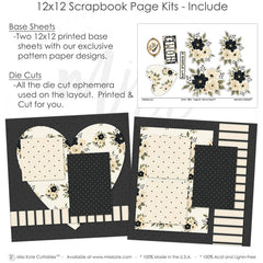 Detailed Home scrapbook design featuring cream striped paper, black pinstripes, cream floral paper, black flower clusters, cream rose clusters, olive green leaves, large heart shape, floral heart. Designed for Family Home Scrapbook Pages, New Home Scrapbook Kit, home title die cut, a simple life title, oval bird frame, black and cream bird, floral corner clusters, layered photo mats, neutral floral palette, black dotted paper, cream polka dots, black polka dots.