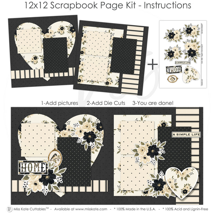 Finished Home photo layout showing black pinstripes, cream floral paper, black flower clusters, cream rose clusters, olive green leaves, large heart shape, floral heart, home title die cut. Designed for New Home Scrapbook Kit, Home Sweet Home Scrapbook Pages, a simple life title, oval bird frame, black and cream bird, floral corner clusters, layered photo mats, neutral floral palette, black dotted paper, cream polka dots, black polka dots, cream striped paper.