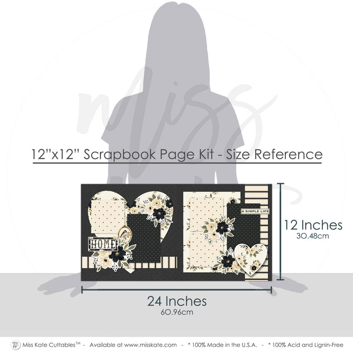 Coordinating Home papers and die cuts featuring black flower clusters, cream rose clusters, olive green leaves, large heart shape, floral heart, home title die cut, a simple life title, oval bird frame. Designed for Everyday Home Memories Layout, House Memories Scrapbook Kit, black and cream bird, floral corner clusters, layered photo mats, neutral floral palette, black dotted paper, cream polka dots, black polka dots, cream striped paper, black pinstripes, cream floral paper.