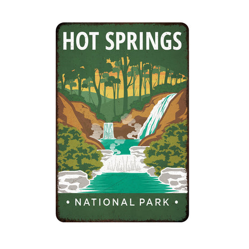 Hot Springs National Park metal sign with rustic distressed lettering and Arkansas theme for cabin wall decor