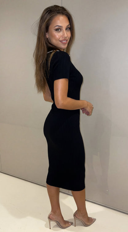 Contour Contrast Ribbed Midi Dress - Black