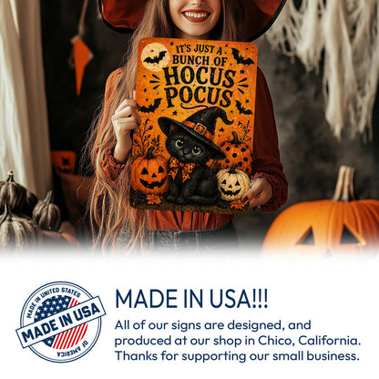 It's Just a Bunch of Hocus Pocus Black Cat metal sign with kawaii halloween style — It's Just a Bunch of Hocus Pocus Black