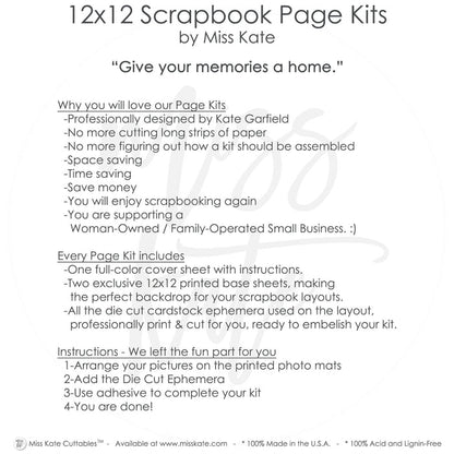 12x12 Scrapbook Page Kits by Miss Kate featuring professionally designed layouts, pre-cut cardstock, printed base sheets, and step-by-step instructions, perfect for saving time, space, and money while enjoying crafting memories.