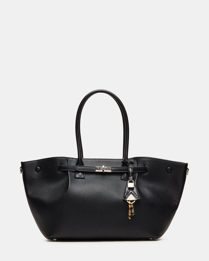 KACEY Bag Black Shoulder Strap Belted Tote Handbag | Steve Madden