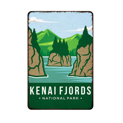 Kenai Fjords National Park metal sign with rustic distressed design and Alaska theme for cabin wall decor