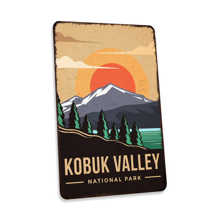 Kobuk Valley National Park metal sign with rustic distressed design and Alaska theme for cabin wall decor
