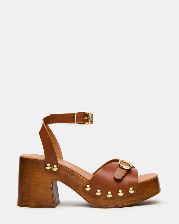 KRUISE Tan Leather Buckle Studs Platform Block Heel Women's Sandal | Steve Madden