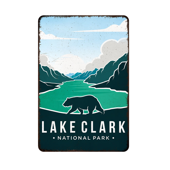 Lake Clark National Park metal sign with rustic distressed lettering and Alaska theme for cabin wall decor