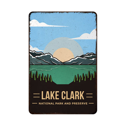 Lake Clark National Park metal sign, rustic distressed design with Alaska camping theme for cabin decor