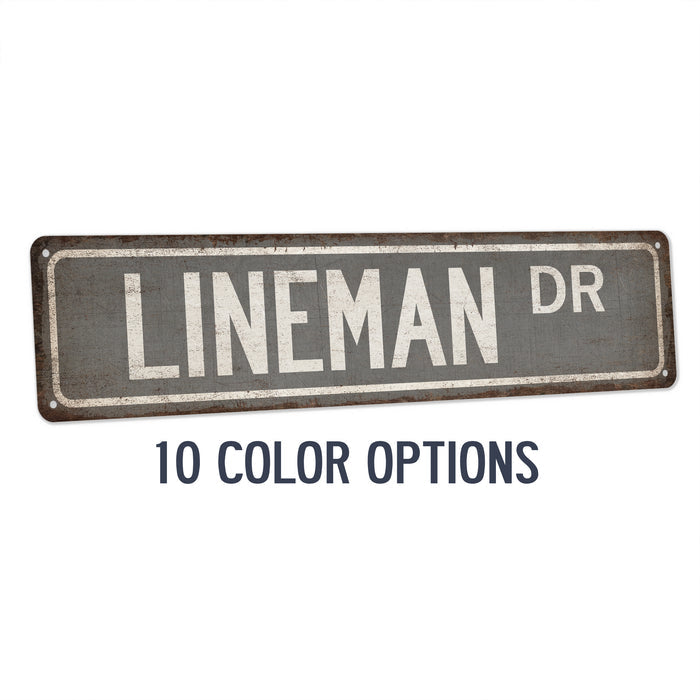 Lineman street sign in vintage rustic metal, electrical worker and electrician decor for a garage or man cave