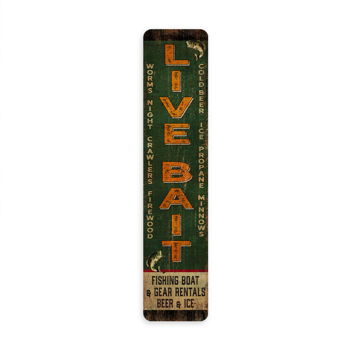 Live Bait vintage metal sign with fish and tackle graphic for cabin, lake house, and fishing wall decor