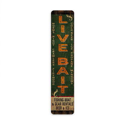 Live Bait vintage metal sign with fish and tackle graphic for cabin, lake house, and fishing wall decor
