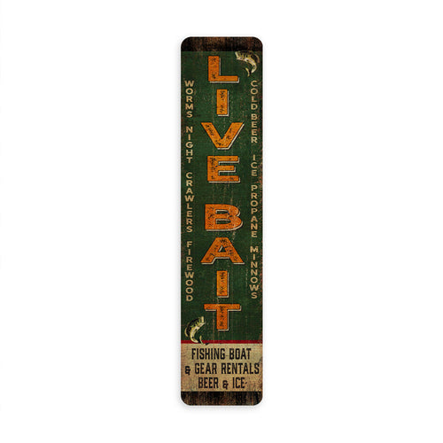 Live Bait vintage metal sign with fish and tackle graphic for cabin, lake house, and fishing wall decor