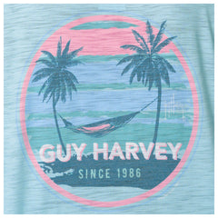 Guy Harvey logo with palm trees and a hammock on a blue background
