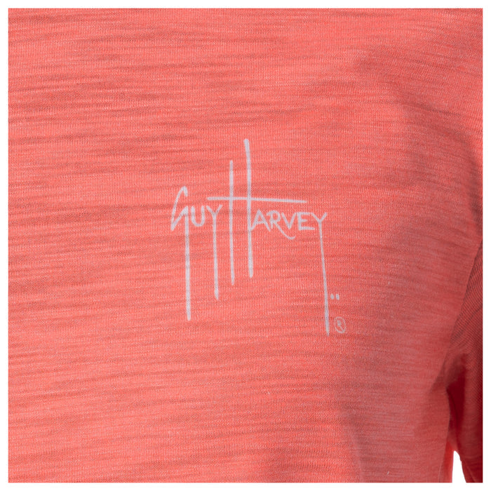 Coral shirt with Guy Harvey logo on a white background