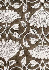 A block printed tablecloth with white lotus print on brown background.