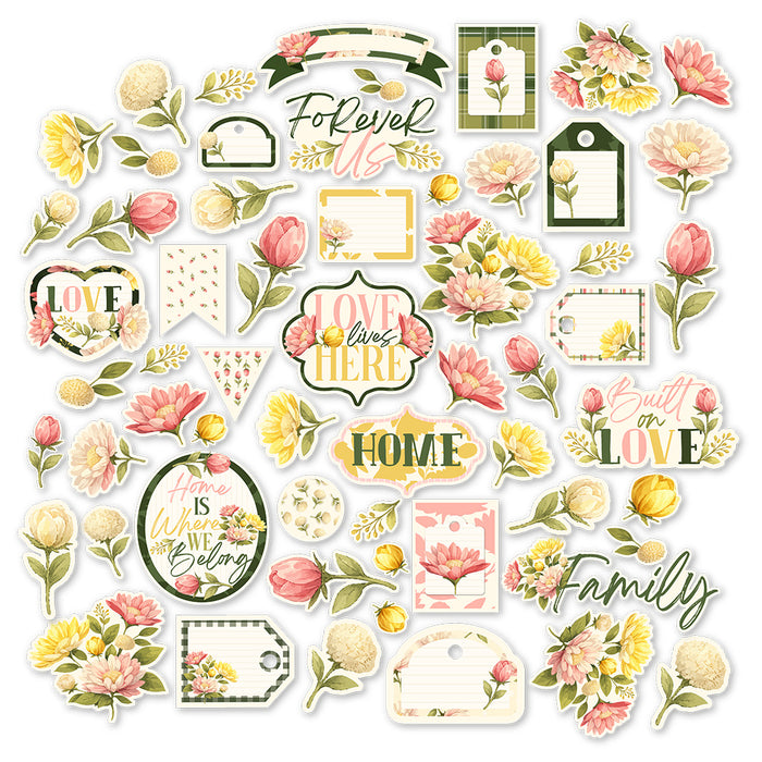 Love Lives Here Die Cuts, main product image, showing pre-cut scrapbook embellishments for layouts, handmade cards, journals, mini albums, memory pages, and layered paper crafts. Buyer theme: Family Die Cuts & Floral Scrapbook Embellishments. Love Lives Here Die Cuts with family and home titles, floral bouquets, rosebuds, leaves, tags, labels, banners and frames for layered scrapbook pages, cards and journals. Designed for Family scrapbook layouts, Home memory albums, Relationship keepsakes