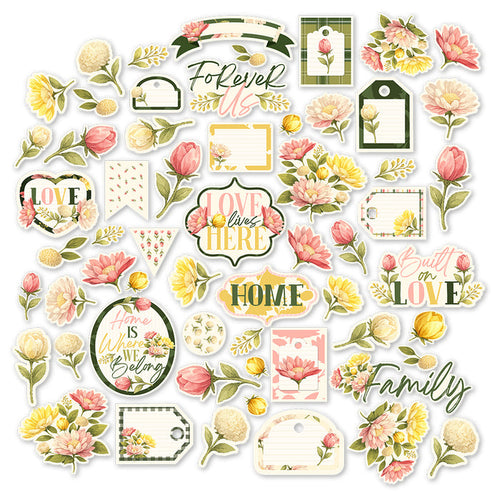 Love Lives Here Die Cuts, main product image, showing pre-cut scrapbook embellishments for layouts, handmade cards, journals, mini albums, memory pages, and layered paper crafts. Buyer theme: Family Die Cuts & Floral Scrapbook Embellishments. Love Lives Here Die Cuts with family and home titles, floral bouquets, rosebuds, leaves, tags, labels, banners and frames for layered scrapbook pages, cards and journals. Designed for Family scrapbook layouts, Home memory albums, Relationship keepsakes