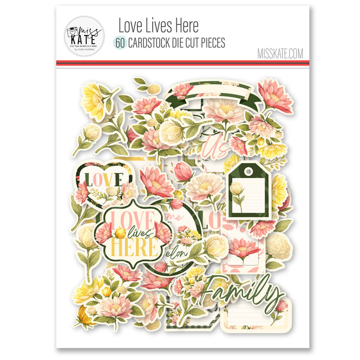 Love Lives Here Die Cuts, packaging image, showing pre-cut scrapbook embellishments for layouts, handmade cards, journals, mini albums, memory pages, and layered paper crafts. Buyer theme: Family Die Cuts & Floral Scrapbook Embellishments. Love Lives Here Die Cuts with family and home titles, floral bouquets, rosebuds, leaves, tags, labels, banners and frames for layered scrapbook pages, cards and journals. Designed for Mini albums, Junk journals, Everyday memory keeping