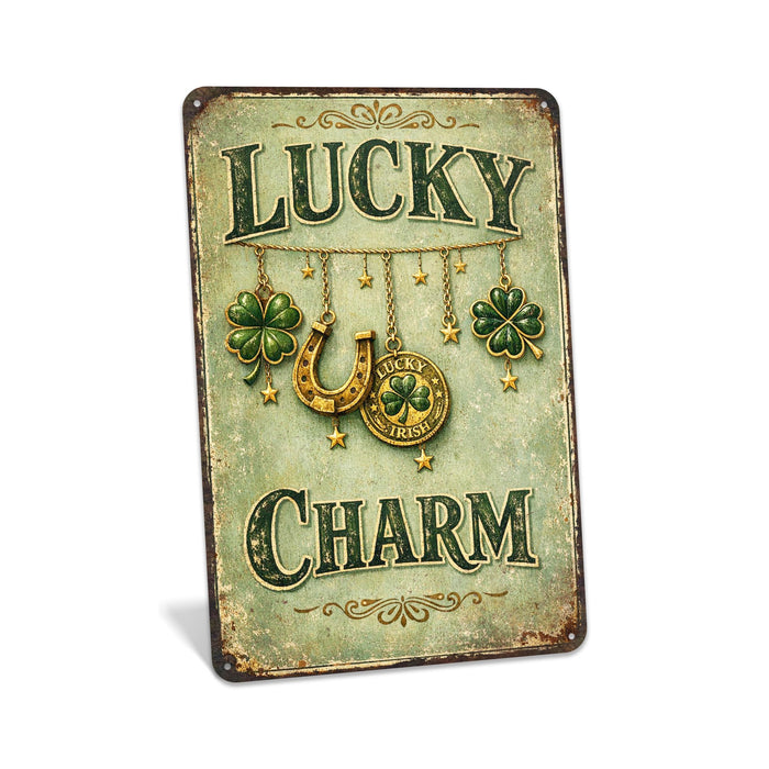 Rustic metal sign reading “Lucky Charm” with shamrocks and green Irish styling, festive St. Patrick’s Day wall décor.