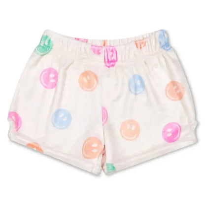 White plush shorts with pastel smiley face print for girls
