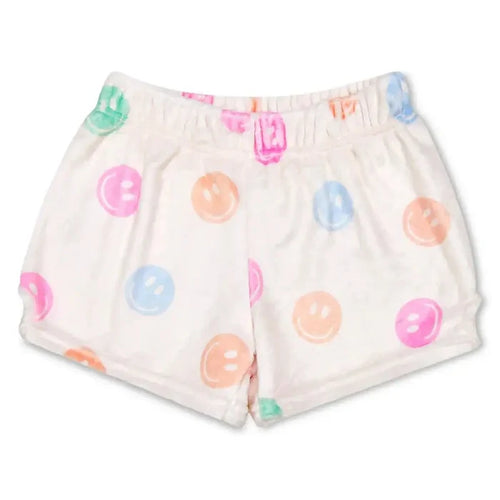 White plush shorts with pastel smiley face print for girls