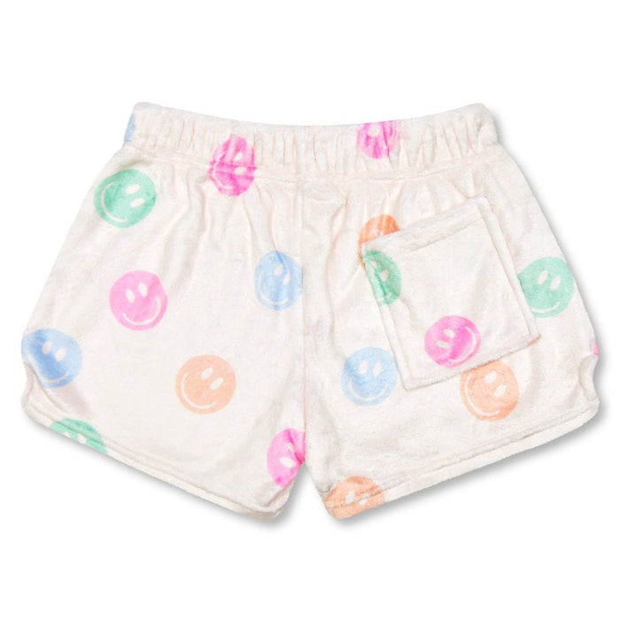 White plush shorts with pastel smiley face print for girls