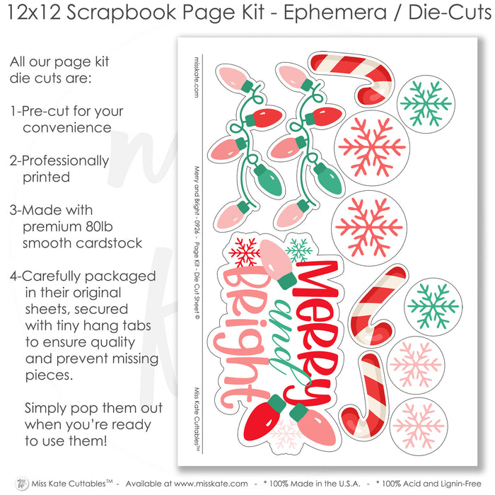 Merry And Bright scrapbook die cuts and ephemera sheet featuring pink polka dots, green scalloped border, red, white candy canes, multicolor string lights, and red snowflake ornaments. Coordinating paper embellishments for Christmas memories and favorite photos.