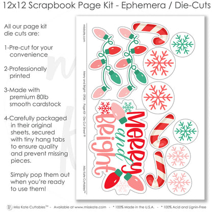 Merry And Bright scrapbook die cuts and ephemera sheet featuring pink polka dots, green scalloped border, red, white candy canes, multicolor string lights, and red snowflake ornaments. Coordinating paper embellishments for Christmas memories and favorite photos.