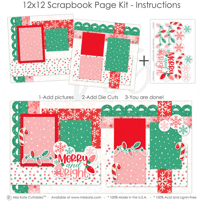 Merry And Bright 12x12 scrapbook page kit instruction image showing the completed two-page layout and placement of coordinating papers, die cuts, and photo areas. Designed for Christmas memories and favorite photos.