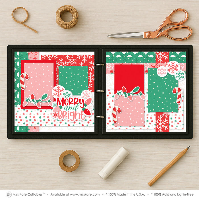 Merry And Bright scrapbook page kit shown in a memory album binder mockup with the finished two-page layout. A coordinated way to preserve Christmas memories and favorite photos.