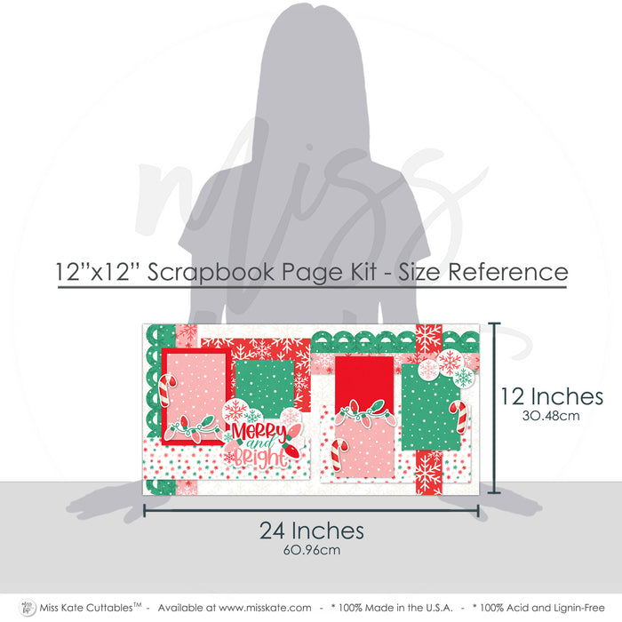 Merry And Bright 12x12 scrapbook page kit size reference image showing the scale of the coordinated two-page layout, printed papers, and embellishments for Christmas memories and favorite photos.