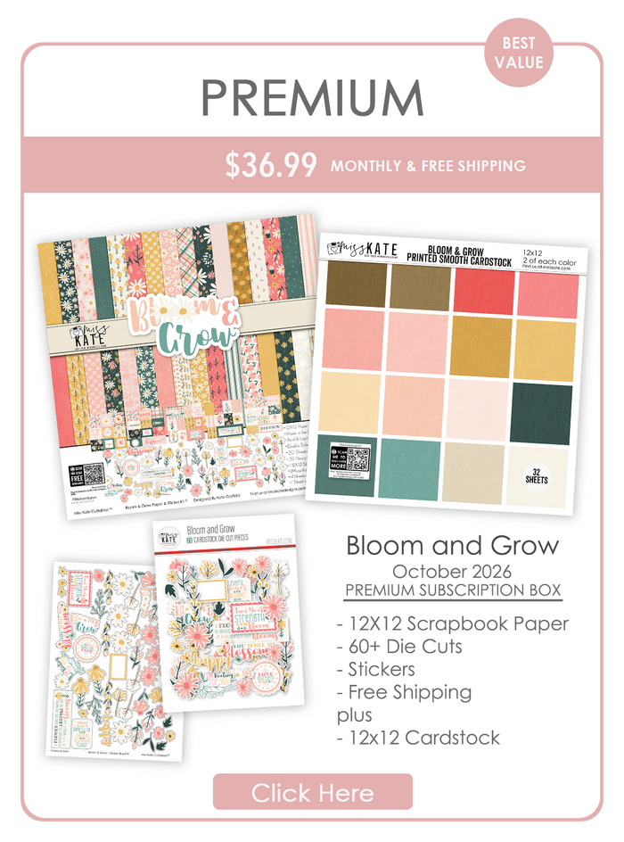Bloom and Grow Monthly Subscription Box - Premium. Main product presentation showing the October 2026 Premium monthly box with floral papers, die cuts, stickers and coordinating cardstock.