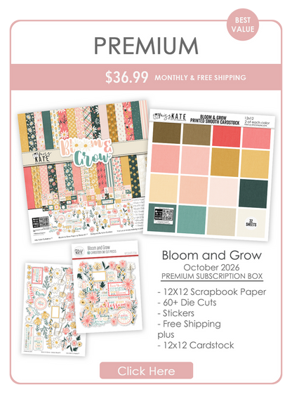 Bloom and Grow Monthly Subscription Box - Premium. Main product presentation showing the October 2026 Premium monthly box with floral papers, die cuts, stickers and coordinating cardstock.