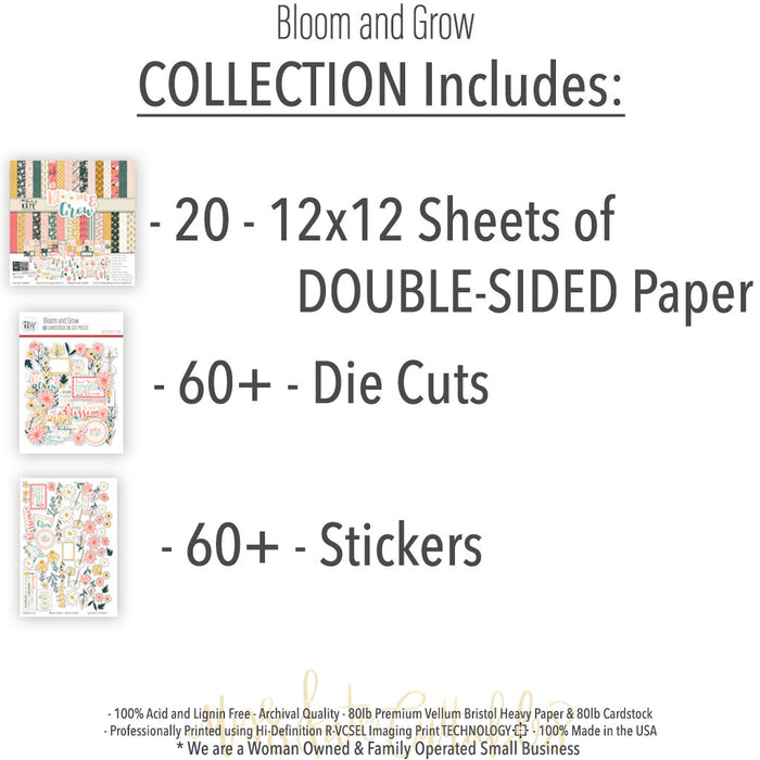 Bloom and Grow Collection, includes image, showing coordinated Paper & Sticker Kit, full-size Die Cuts, and Sticker Sheet for scrapbook layouts, memory albums, cards, journals, and keepsakes. Buyer theme: Coordinated Spring Floral Scrapbook Collection. Bloom and Grow coordinated scrapbook collection with 12x12 floral paper, flower die cuts and a matching sticker sheet. Color palette includes Coral pink, blush, peach, mustard gold, cream, sage, dusty teal, deep teal and warm taupe