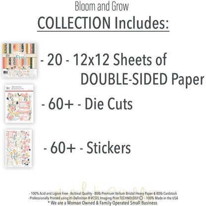 Bloom and Grow Collection, includes image, showing coordinated Paper & Sticker Kit, full-size Die Cuts, and Sticker Sheet for scrapbook layouts, memory albums, cards, journals, and keepsakes. Buyer theme: Coordinated Spring Floral Scrapbook Collection. Bloom and Grow coordinated scrapbook collection with 12x12 floral paper, flower die cuts and a matching sticker sheet. Color palette includes Coral pink, blush, peach, mustard gold, cream, sage, dusty teal, deep teal and warm taupe