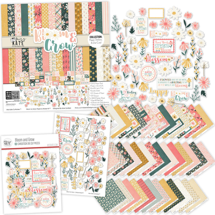 Bloom and Grow Collection, main product image, showing coordinated Paper & Sticker Kit, full-size Die Cuts, and Sticker Sheet for scrapbook layouts, memory albums, cards, journals, and keepsakes. Buyer theme: Coordinated Spring Floral Scrapbook Collection. Bloom and Grow coordinated scrapbook collection with 12x12 floral paper, flower die cuts and a matching sticker sheet. Color palette includes Coral pink, blush, peach, mustard gold, cream, sage, dusty teal, deep teal and warm taupe