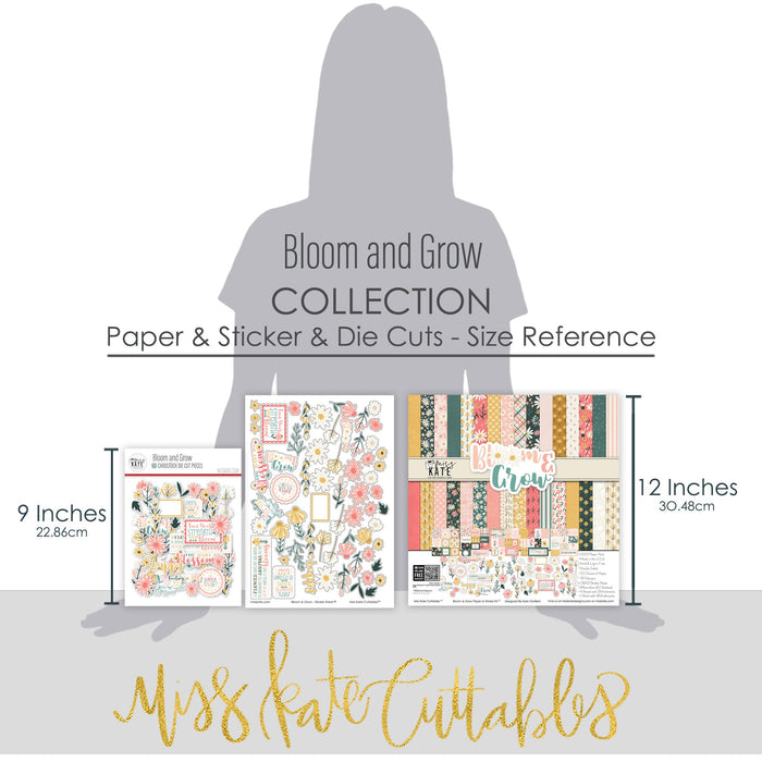 Bloom and Grow Collection, size guide image, showing coordinated Paper & Sticker Kit, full-size Die Cuts, and Sticker Sheet for scrapbook layouts, memory albums, cards, journals, and keepsakes. Buyer theme: Coordinated Spring Floral Scrapbook Collection. Bloom and Grow coordinated scrapbook collection with 12x12 floral paper, flower die cuts and a matching sticker sheet. Color palette includes Coral pink, blush, peach, mustard gold, cream, sage, dusty teal, deep teal and warm taupe