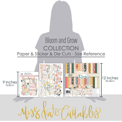 Bloom and Grow Collection, size guide image, showing coordinated Paper & Sticker Kit, full-size Die Cuts, and Sticker Sheet for scrapbook layouts, memory albums, cards, journals, and keepsakes. Buyer theme: Coordinated Spring Floral Scrapbook Collection. Bloom and Grow coordinated scrapbook collection with 12x12 floral paper, flower die cuts and a matching sticker sheet. Color palette includes Coral pink, blush, peach, mustard gold, cream, sage, dusty teal, deep teal and warm taupe
