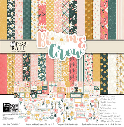 Bloom and Grow Paper & Sticker Kit, high resolution cover image, showing 12x12 scrapbook paper and coordinating stickers for scrapbook layouts, photo albums, memory keeping, cards, and paper crafts. Buyer theme: Spring Flower Scrapbook Paper & Sticker Kit. Bloom and Grow 12x12 Paper & Sticker Kit with 39 spring floral paper designs, 3x4 and 4x4 element sheets and a coordinating flower sticker sheet
