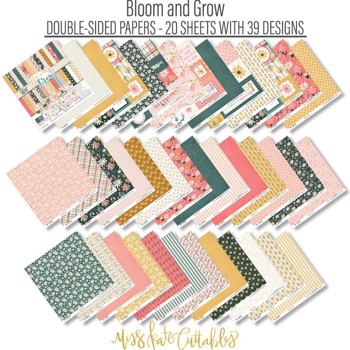 Bloom and Grow Paper & Sticker Kit, paper and sticker kit spread out image, showing 12x12 scrapbook paper and coordinating stickers for scrapbook layouts, photo albums, memory keeping, cards, and paper crafts. Buyer theme: Spring Flower Scrapbook Paper & Sticker Kit. Bloom and Grow 12x12 Paper & Sticker Kit with 39 spring floral paper designs, 3x4 and 4x4 element sheets and a coordinating flower sticker sheet
