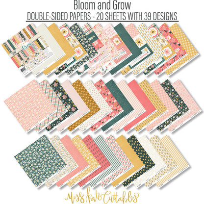 Bloom and Grow Paper & Sticker Kit, paper and sticker kit spread out image, showing 12x12 scrapbook paper and coordinating stickers for scrapbook layouts, photo albums, memory keeping, cards, and paper crafts. Buyer theme: Spring Flower Scrapbook Paper & Sticker Kit. Bloom and Grow 12x12 Paper & Sticker Kit with 39 spring floral paper designs, 3x4 and 4x4 element sheets and a coordinating flower sticker sheet