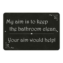 Funny we-aim-to-please bathroom metal sign with vintage lettering for restroom wall decor