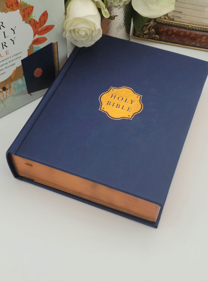 NIV Our Family Story Bible, Leathersoft over board, Navy