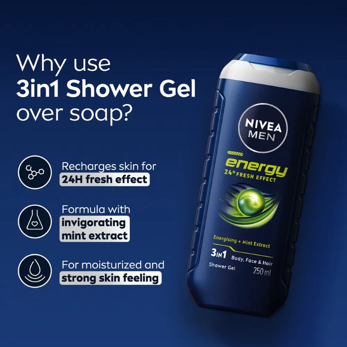 Nivea Men Energy 24h Fresh Effect Energising + Mint Extract 3 In 1 Shower Gel - 250ml