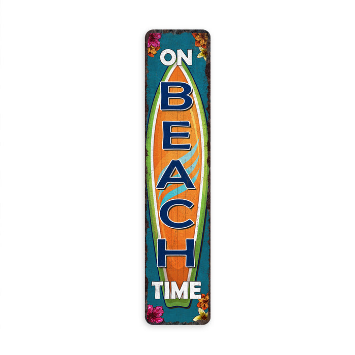 On Beach Time coastal metal sign with surfboard and tropical graphic for beach house and patio decor
