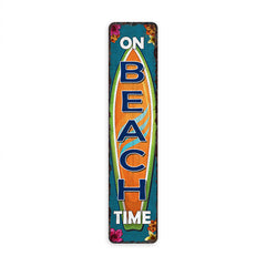 On Beach Time coastal metal sign with surfboard and tropical graphic for beach house and patio decor